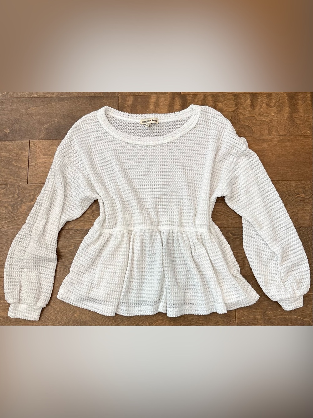 NWOT Charmed Hearts Women's White Waffle Knit Peplum Top, S